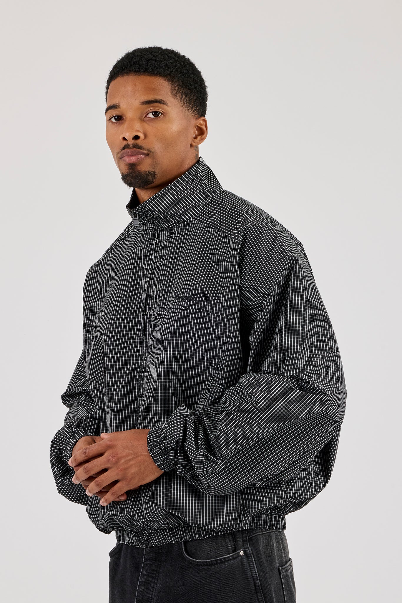 Check Funnel Neck Windbreaker - Black